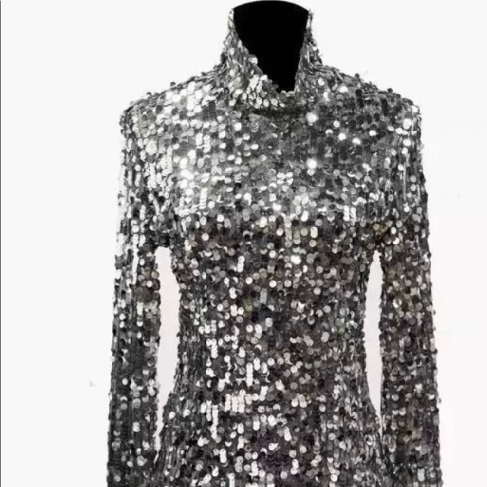 Silver long sleeve mock neck sequin top